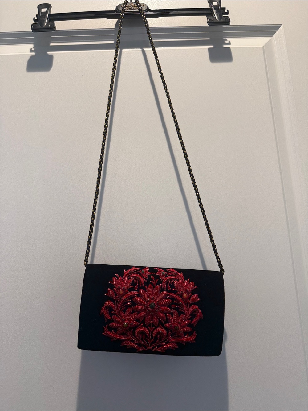 Black Clutch with Red Floral Embroidery and Chain Strap